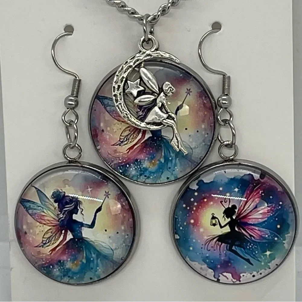Hand Crafted Blue Pink Silver FairyCore Necklace Earrings Set NWT OS